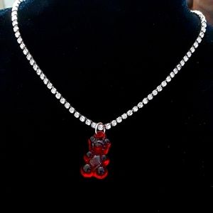 RED GUMMY BEAR NECKLACE WITH GOLD RHINESTONE CHAIN NEW